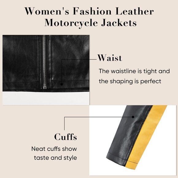 Women Cropped Faux Leather Jacket Moto Biker Bomber Jackets Zip Up Black Yellow - Picture 6 of 7